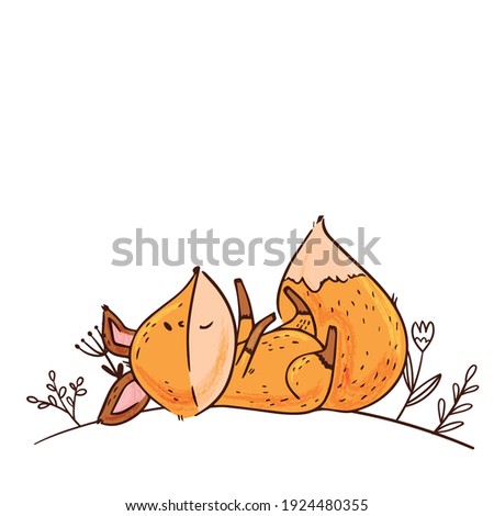 Cute cartoon fox lies among flowers. Funny fox. Hand drawn characters isolate on white background. Vector illustration.