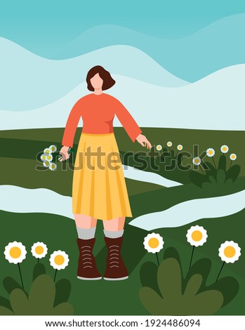 spring is coming girl in skirt with flowers flat style vector illustration