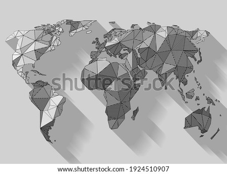 Vector low poly style line art earth map design. Woodcut style shading made by parallel tin lines.