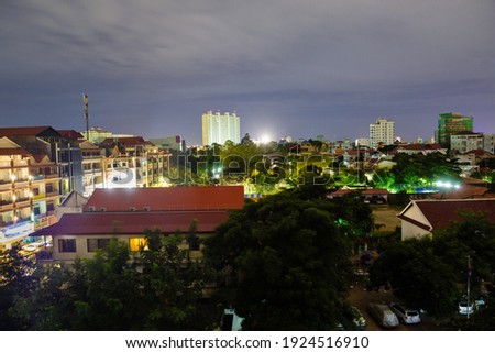 Image of cityscape at night. Urban buildings in Cambodia.