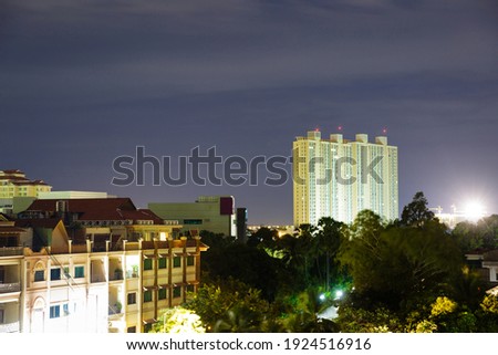 Image of cityscape at night. Urban buildings in Cambodia.