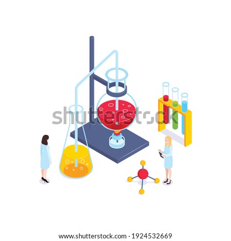 School subjects isometric composition with images of test tube set on burner with people vector illustration