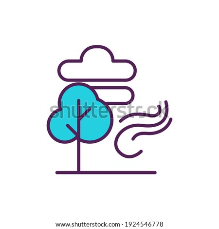 Windy weather RGB color icon. Countryside lands. Environment and ecosystem. Outdoor space. Flowing wind, cyclone forecast. Blowing swirl at tree. Spring season. Isolated vector illustration