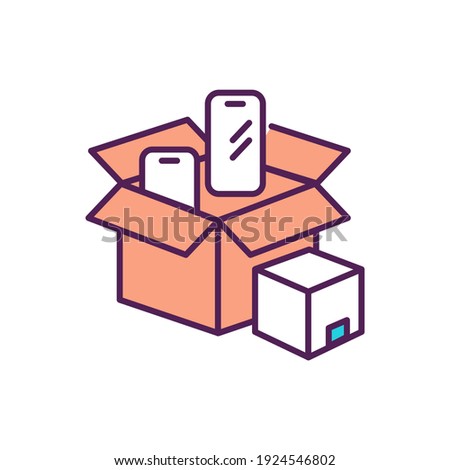 Unboxing technology RGB color icon. Unpacking electronic devices for review. Safe product delivery. Shipping gadgets. Smart shopping tips. E-commerce and retail. Isolated vector illustration