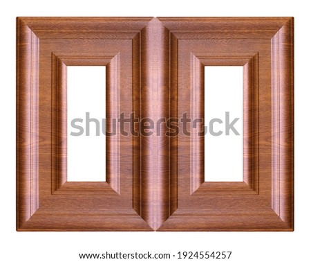 Double wooden frame (diptych) for paintings, mirrors or photos isolated on white background. Design element with clipping path
