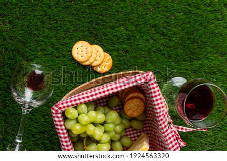 Picnic Recreation Nature Picnic Basket Glasses Red Wine Snacks Leisure Top View Space