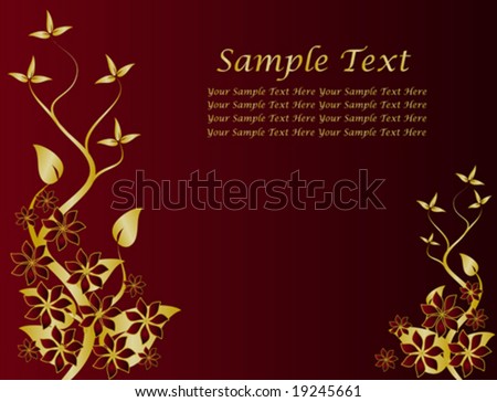 A gold floral vector design with room for text on a rich red background
