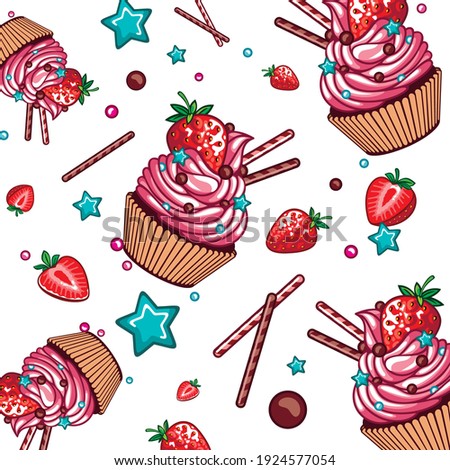 Strawberry shortcake. A pattern of cupcakes.