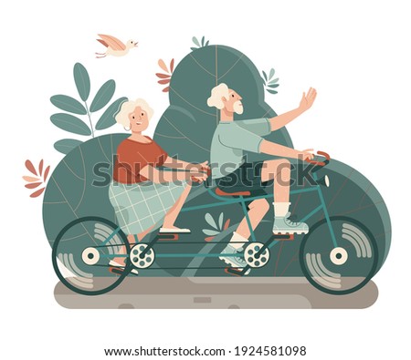 Happy active elderly couple riding a tandem bicycle. Healthy lifestyle and outdoor activities for grandparents. Flat cartoon vector illustration isolated on white background.