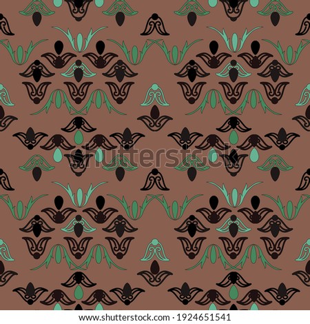 Seamless fantasy plant vector pattern in noble natural shades damask style, green, brown, calm