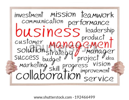 business management and other related words handwritten on whiteboard with hands