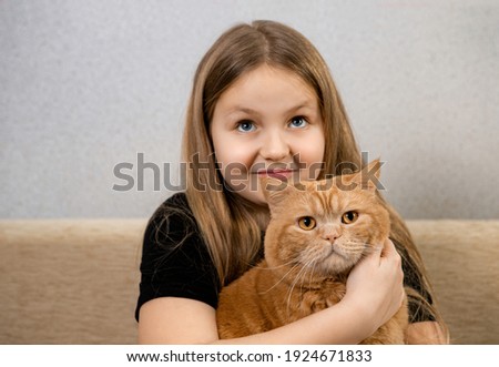 Attractive little girl with red fluffy cat on a sofa in a room. Focus on the cat.