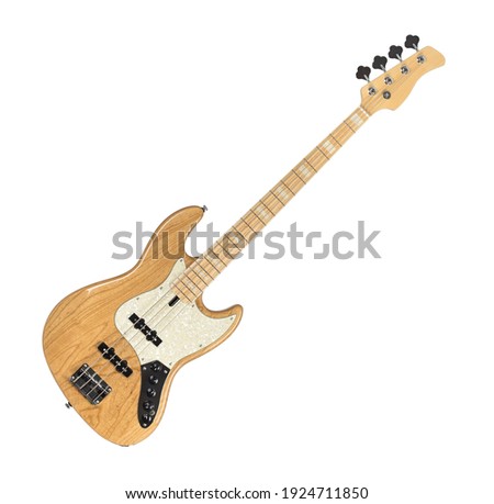 Wooden Electric Bass Guitar Isolated on White Background Royalty-Free Stock Photo #1924711850