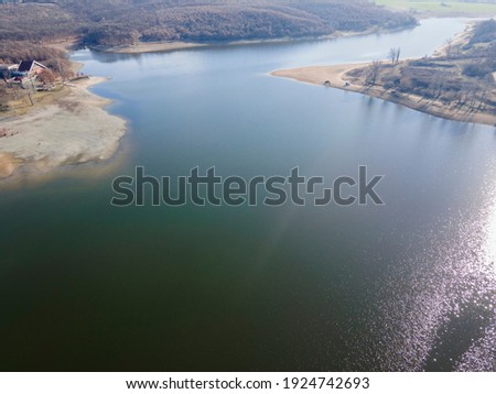 Aerial view of The Forty Springs Reservoir near town of Asenovgrad, Plovdiv Region, Bulgaria