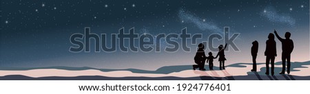 Banner stargazing looking at dark night sky stars. A group of people family and friends with man woman and children with telescope in silhouette. Looking at milky way astronomy concept vector grouped 