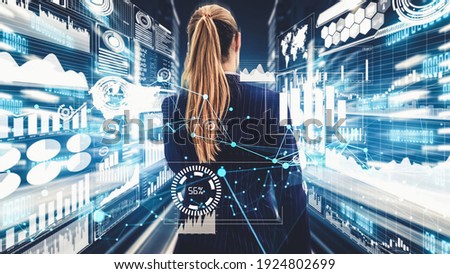 Imaginative visual of business woman investment specialist and advisor with business data chart graphic overlay .