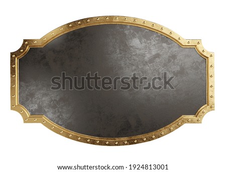 Empty metal plate with brass border. Steampunk style. Clipping path included, 3d illustration