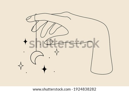 Mystic occult logo with magic symbol of hand, moon and stars. Vector illustration for astrology emblem, icon, sticker, printable and temporary tattoo