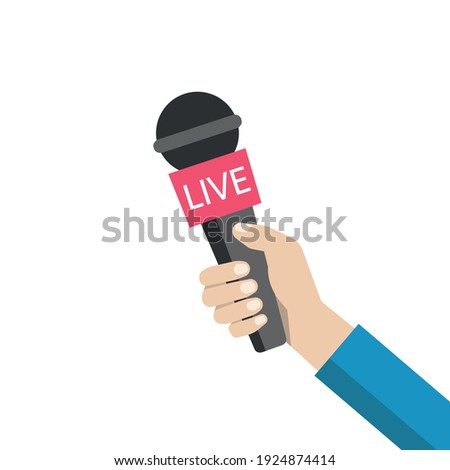 Journalist hand holding microphones performing interview. Illustration of microphone for news, broadcasting live news. Vector illustration.
