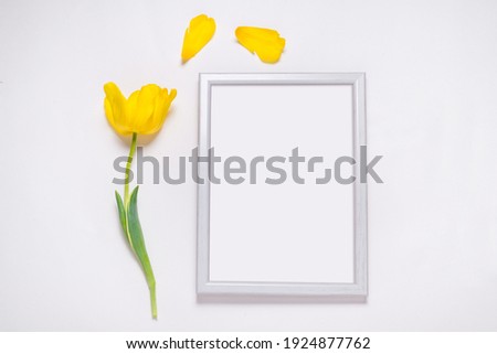 Photo frame decorated with fresh yellow tulips