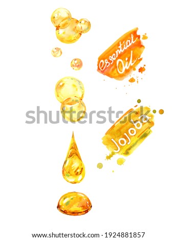 Watercolor set  Jojoba golden bright yellow oil hand written word Drops capsule. Cosmetic skin hair care product beauty salon healthy menu, invitation card flyer poster cover booklet packaging post