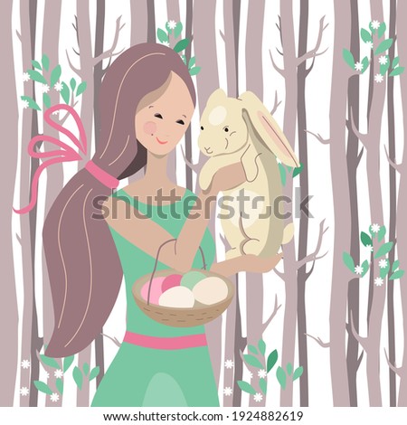 Beautiful girl in green dress standing with cute bunny. Forest with young trees around. Festive spring illustration can be used for Easter design templates.