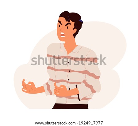 Furious angry man shouting and screaming with rage. Outraged guy with aggressive face expression scolding and yelling in anger. Colored flat vector illustration isolated on white background Royalty-Free Stock Photo #1924917977