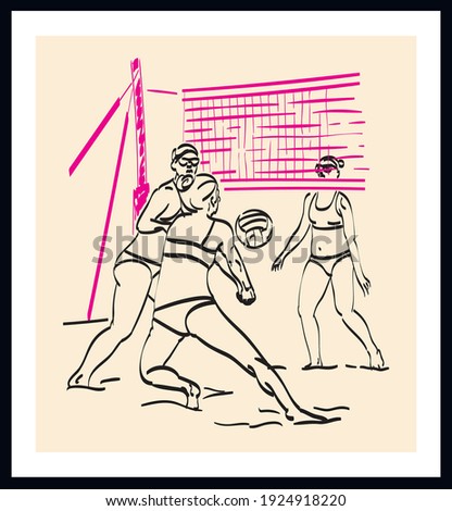 Beach volleyball sketch drawing. Vector poster. Living room poster, wall decoration poster