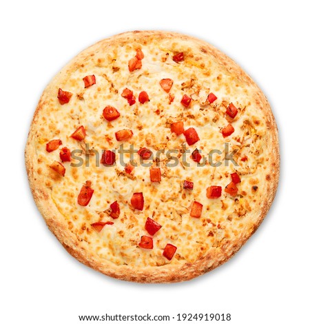 Pizza with sausages and red onion on a white background. High quality photo