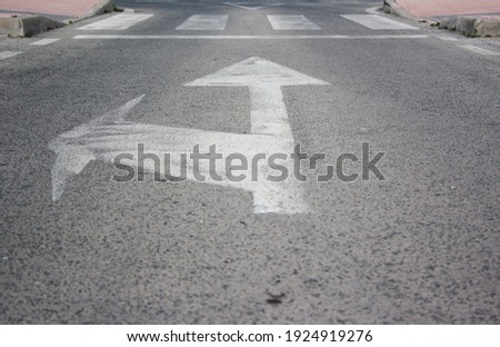 Road signs with white arrows indicating the direction of movement, straight ahead and turn, next to a zebra crossing and a yield point.