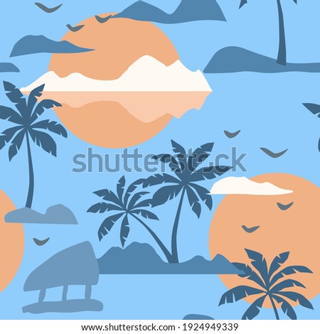 ummer seamless pattern of vector illustrations of palms, sun, beach, birds on blue background. Africa nature landscape texture for wallpaper, textile, fabric, paper packaging.