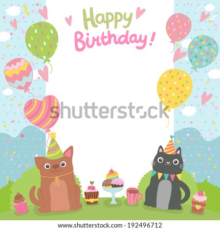 Happy Birthday card background with a cat, dog and cupcakes.