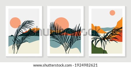 Mountain and Botanical wall art vector set. Earth tones landscapes wallpaper. Oasis Tropical backgrounds collection with mountain, sand, palm,Twigs leaf, moon or sun. Vector illustration. Royalty-Free Stock Photo #1924982621