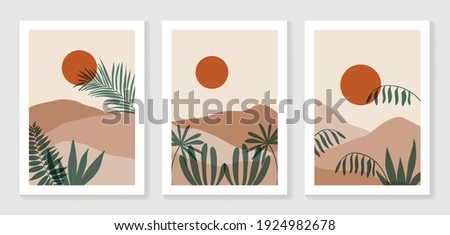 Mountain and Botanical wall art vector set. Earth tones landscapes wallpaper. Oasis Tropical backgrounds collection with mountain, sand, palm,Twigs leaf, moon or sun. Vector illustration. Royalty-Free Stock Photo #1924982678