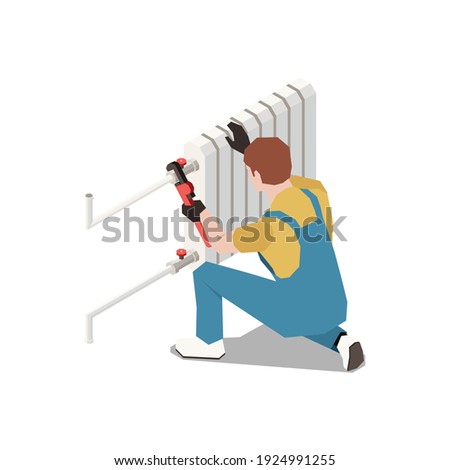 Plumber isometric composition with character of repairman fixing pipes in heater battery radiator vector illustration