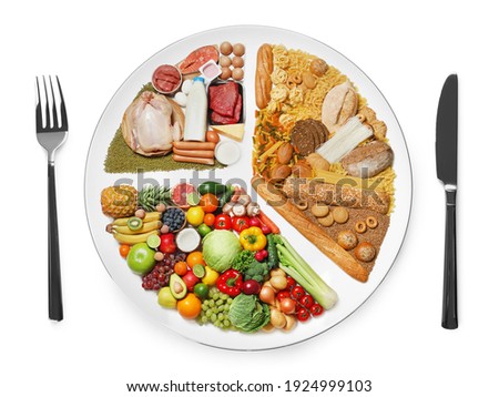 Cutlery near plate with different products on white background, top view. Balanced food