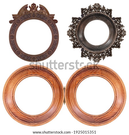 Set of wooden round frames for paintings, mirrors or photo isolated on white background