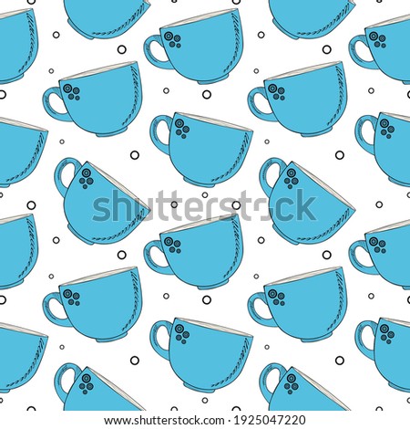 Seamless pattern with hand drawn ceramic cup for hot drinks on a white background. Doodle, simple outline illustration. It can be used for decoration of textile, paper and other surfaces.