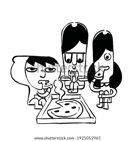 Three friends eat a pizza together