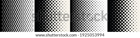 Halftone vector patterns: dots, squares, zigzags, rhombus. Gradient texture with geometric transition from black to white. Set of abstract backgrounds. Decorative patterns for covers and wallpappers. Royalty-Free Stock Photo #1925053994