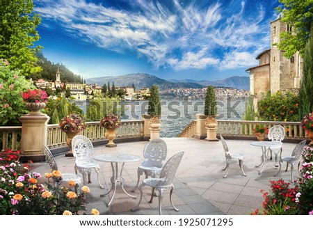 Mediterranean terrace with delicate tables. Digital mural. Digital fresco. Royalty-Free Stock Photo #1925071295