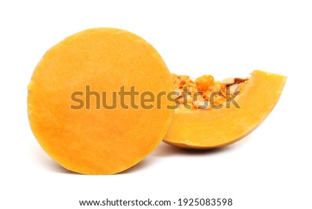 Raw muscat squash slices with seeds isolated on white background