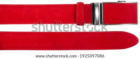 End parts of red seude belt with automatic Buckle isolated on white background Royalty-Free Stock Photo #1925097086