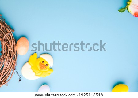 Chocolate eggs and Easter chicken, festive chocolate figurines. Top view and free space for text. High quality photo