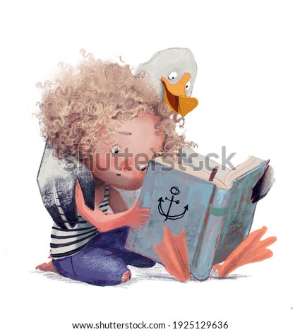 curly cute girl with an albatross read