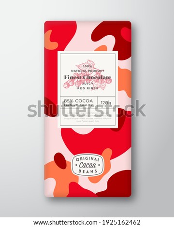 Red Ribes Chocolate Label. Abstract Shapes Vector Packaging Design Layout with Shadows. Modern Typography, Hand Drawn Berries Silhouette and Colorful Camouflage Pattern Background. Isolated.