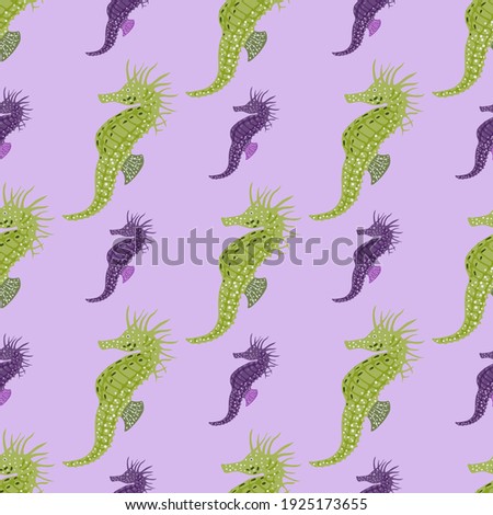 Cartoon purple and green seahorse ornament seamless pattern. Pastel purple background. Simple design. Decorative backdrop for fabric design, textile print, wrapping, cover. Vector illustration.
