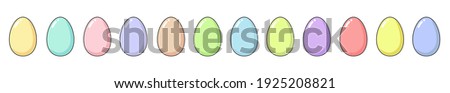 Happy Easter long set with a dozen Easter painted eggs. Fun holiday elements in bright colors - pink, blue, yellow, green, lilac, purple, mint and coral. Square format, vector flat illustration Royalty-Free Stock Photo #1925208821