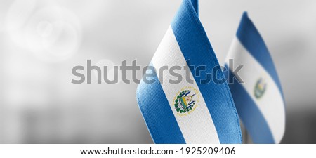 Small national flags of the Salvador on a light blurry background