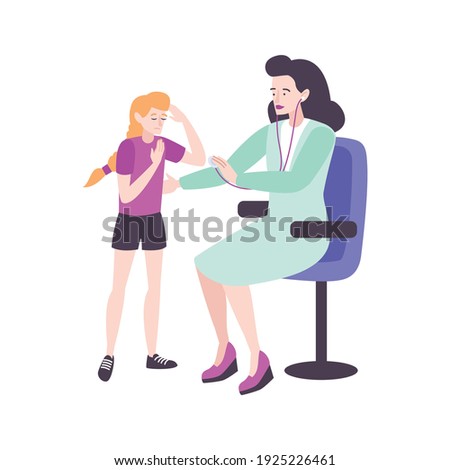 Pediatric checkup composition with female doctor sitting on chair with teenage girl patient vector illustration